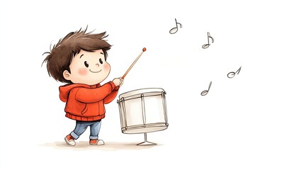 Young boy in a red hoodie joyfully playing a drum, surrounded by musical notes in a playful scene