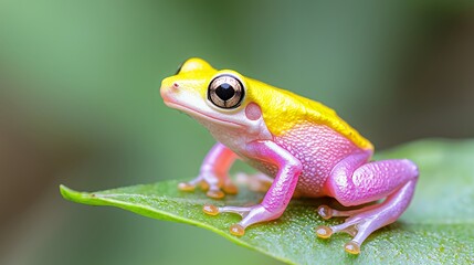 Obraz premium Vibrant Pink and Yellow Frog on Leaf