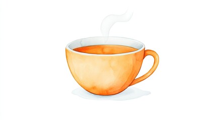 A steaming orange cup of tea sits on a white surface, exuding warmth and comfort