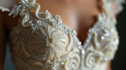 Obraz premium An extreme close-up highlights exquisite embroidery details on a couture dress, showcasing fine textures, beadwork, and metallic threads under soft lighting for a refined aesthetic.
