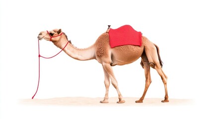 A single camel standing on sand, adorned with a red saddle, in a minimalist white background