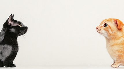 Two cats, one black and one orange, gaze at each other on a minimalist white background