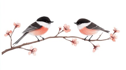 Two colorful birds perched on a blooming branch, surrounded by delicate pink flowers, evoking spring