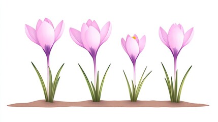 Four blooming pink crocus flowers in a row with green grass on brown soil, showcasing spring beauty