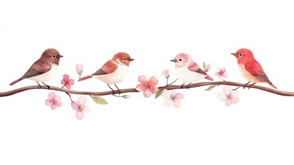 Four colorful birds perched on a branch adorned with pink blossoms against a white backdrop