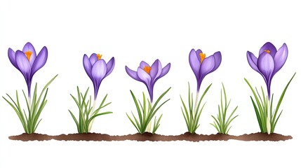A vibrant illustration of blooming purple crocus flowers in a garden setting, showcasing springtime beauty
