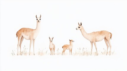 Four graceful animals stand in a serene landscape, showcasing a nurturing family moment in nature