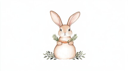 Cute rabbit holding a carrot surrounded by greenery in a minimalist, artistic setting