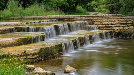 Cascading waterfall over stone steps in park