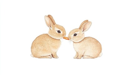 Two adorable rabbits sharing a carrot in a serene, white background setting