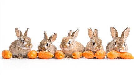Five adorable rabbits sitting in a row, munching on fresh carrots against a clean white background