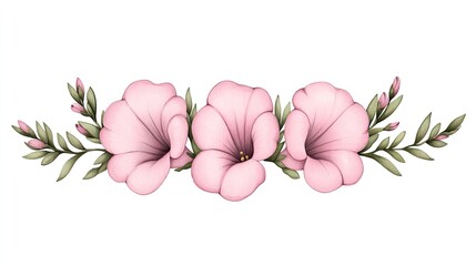 Delicate pink flowers with green leaves arranged elegantly on a white background