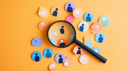 Magnifying glass focusing on candidate amidst colorful applicant icons on orange background, recruitment