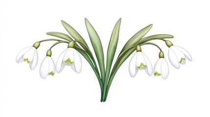 A cluster of delicate snowdrop flowers with green leaves, set against a clean white background