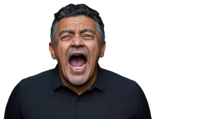 Mature hispanic man screaming with transparent background