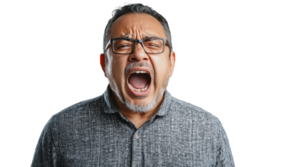 Frustrated man shouting with transparent background