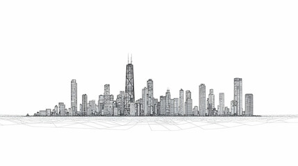 Wireframe Cityscape Skyline Architectural Design, Urban Development, Modern Buildings,  White Background,  Presentation