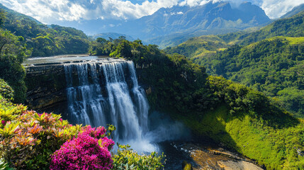 Fototapeta premium Majestic waterfall cascading down rocky cliffs surrounded by vibrant flora and mountains