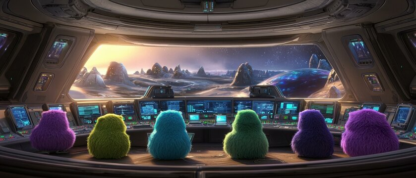 Colorful creatures in a spaceship. AI.