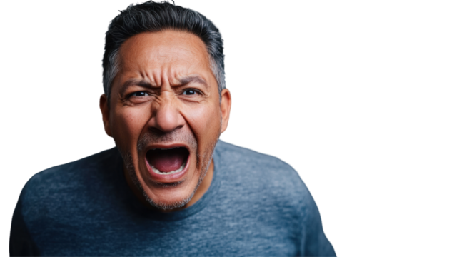 Middle-aged man expressing intense emotion on transparent background
