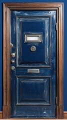 Aged blue wooden door on dark wall. Possible use for home decor
