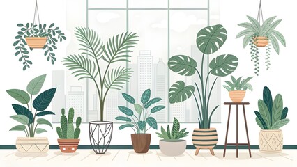 Stylized Indoor Plants Illustration, Potted Houseplants in Minimalist Design, Botanical Vector Art