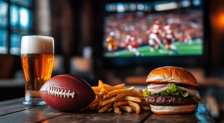 Watching American football with a burger fries and a beer in front of a big tv screen
