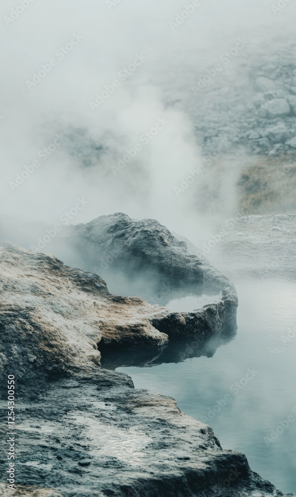Poster Serene hot spring surrounded by rocky edges with steam rising into a tranquil atmosphere during morning hours. Generative AI