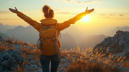 Woman hiker celebrates sunset mountaintop achievement