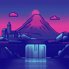 Stunning Vector Art of Mountain Landscape with Flowing Waterfall, Castle Silhouette, and Vibrant Sunset Sky in Vivid Blues and Pinks for Eye-Catching Design