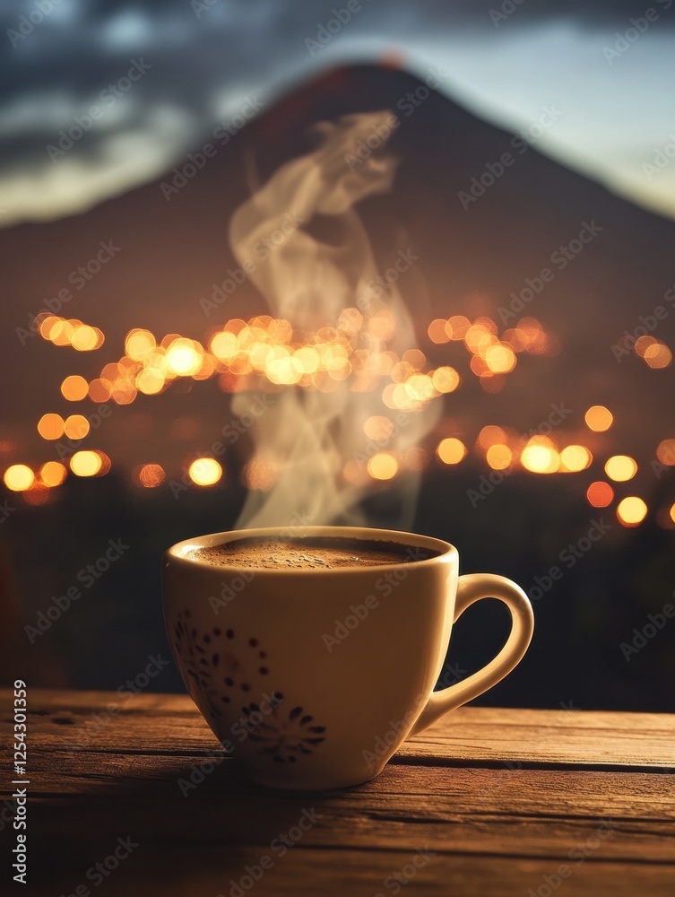 Aufkleber warm coffee cup with rising steam on rustic wooden table against a stunning mountain backdrop at dus