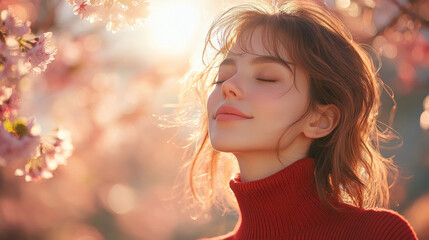 French woman in red ribbed necks closed eyes enjoy fresh air in park with cherry blossom