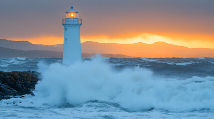 Obraz premium Dramatic coastal lighthouse sunset, waves crashing, mountains background, navigational safety