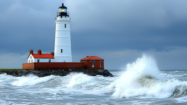Coastal Lighthouse weathering stormy seas, dramatic waves crashing against rocks, guiding ships safely
