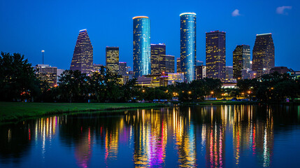 night city skyline with data visualization overlay, neon accents, corporate towers