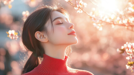 Fototapeta premium Japanese woman in red ribbed necks closed eyes enjoy fresh air in park with cherry blossom