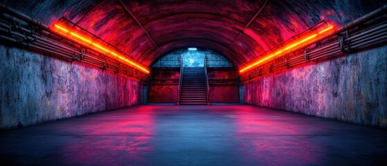 Grungy underground tunnel with red lights and stairs in a bunker setting with arched architecture