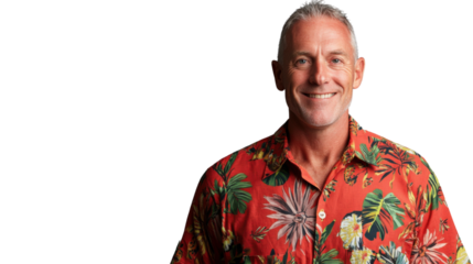 Cheerful man wearing a floral shirt, smiling confidently