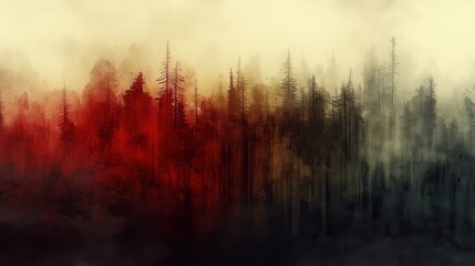 Misty forest fire, mountain range background, nature landscape,  environmental art