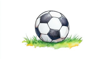 Obraz premium A hand-painted watercolor illustration of a classic soccer ball resting on vibrant green grass