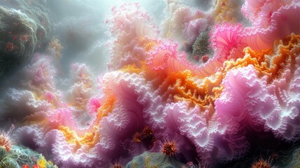 Abstract colorful fractal landscape depicting swirling patterns and vibrant hues in a dreamlike setting