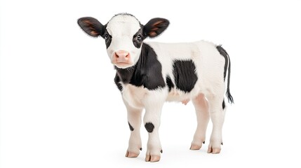 Cute black and white calf standing on a white background, showcasing its playful demeanor and innocence