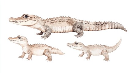 Fototapeta premium Three stages of a crocodile's growth illustrated, showcasing its development and environment