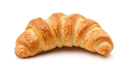 Freshly baked golden croissant on a white background, highlighting its flaky texture and shape
