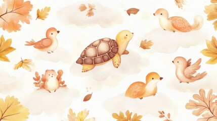 Cute animals in autumn forest background illustrative art whimsical playful scene