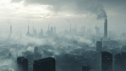 City skyline shrouded in heavy smog with industrial chimneys releasing dark smoke. Generative AI