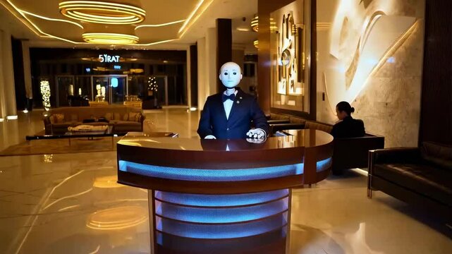 humanoid robot cyborg working at front office as a hotel receptionist