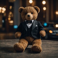 "A teddy bear wearing a tuxedo, ready for a special date night."