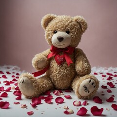 "A cute teddy bear with 'I Love You' embroidered on its paw, surrounded by rose petals."