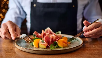 Faceless man eat Prosciutto e Melone in restaurant with bokeh background. Italian Food.